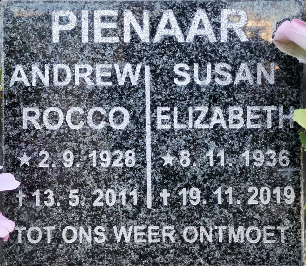 PIENAAR Andrew Rocco 1928-2011 &amp; Susan Elizabeth 1936-2019