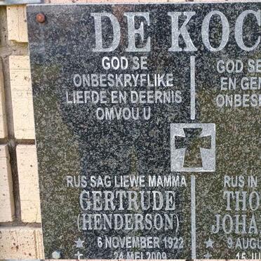 KOCK Thomas Johannes, de 1923-2012 &amp; Gertrude HENDERSON 1922-2009