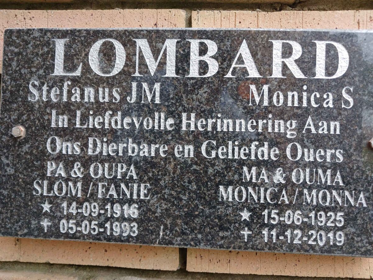 LOMBARD Stefanus J.M. 1916-1993 &amp; Monica S. 1925-2019