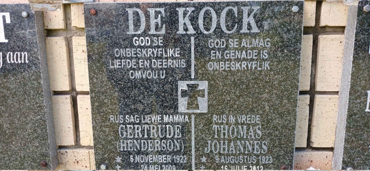 KOCK Thomas Johannes, de 1923-2012 &amp; Gertrude HENDERSON 1922-2009