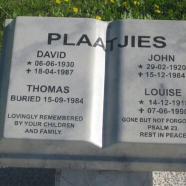 PLAATJIES David 1930-1987 :: PLAATJIES Thomas -1984 :: PLAATJIES John 1920-1984 ::  PLAATJIES Louise 1918-1990