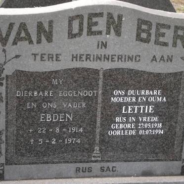 BERG Ebden, van den 1914-1974 :: PRINSLOO Lettie formerly VAN DEN BERG 1918-1994