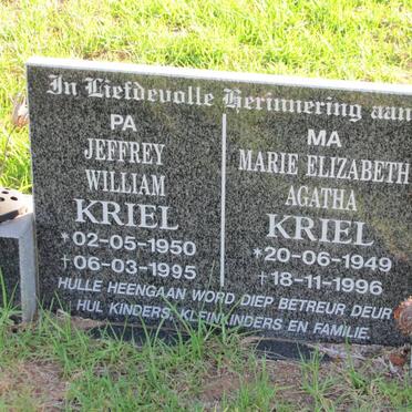 KRIEL Jeffrey William 1950-1995 &amp; Marie Elizabeth Agatha 1949-1996