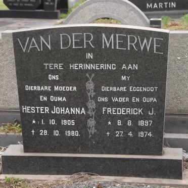 MERWE Frederick Jacobus, van der 1897-1974 &amp; Hester Johanna 1905-1980