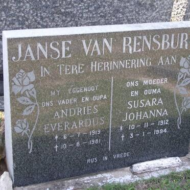 RENSBURG Andries Everardus, janse van 1919-1981 &amp; Susara Johanna 1912-1994