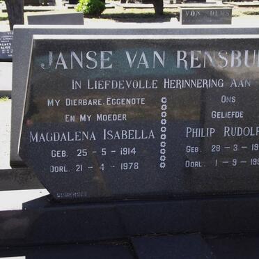 RENSBURG Philip Rudolph, janse van 1913-1998 &amp; Magdalena Isabella 1914-1978