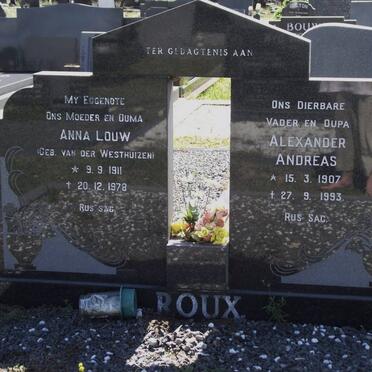 ROUX Alexander Andreas 1907-1993 &amp; Anna Louw VAN DER WESTHUIZEN 1911-1978