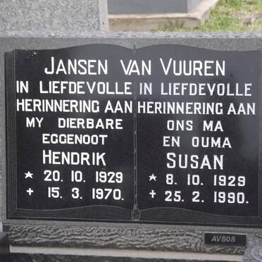 VUUREN Hendrik, jansen van 1929-1970 &amp; Susan 1929-1990