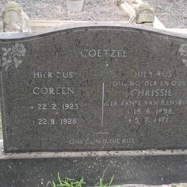 COETZEE Coreen 1923-1926 :: COETZEE Chrissie nee JANSE VAN RENSBURG 1898-1971