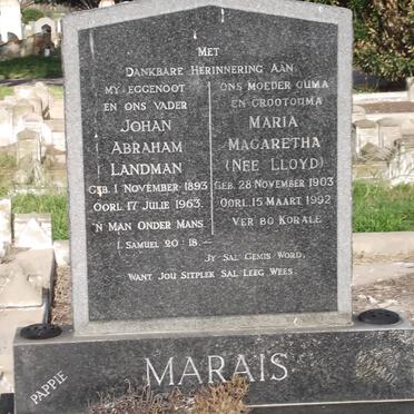 MARAIS Johan Abraham Landman 1893-1963 &amp; Maria Magaretha LLOYD 1903-1992