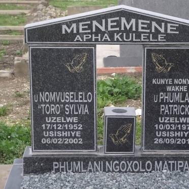 MENEMENE Nomvuselelo Sylvia 1952-2002 :: MENEMENE Phumlani Patrick 1976-2011