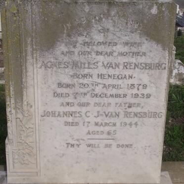 RENSBURG Agnes Mills, van HENEGAN 1879-1939 &amp; Johannes C.J. -1944