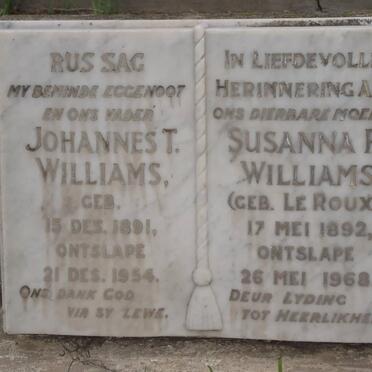 WILLIAMS Johannes T. 1891-1954 &amp; Susanna P. LE ROUX 1892-1968
