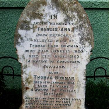 BOWMAN Thomas -1894 &amp; Francis Ann CATHCART