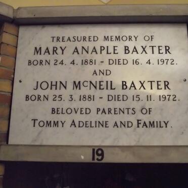 BAXTER John McNeil 1881-1972 &amp; Mary Anaple 1881-1972