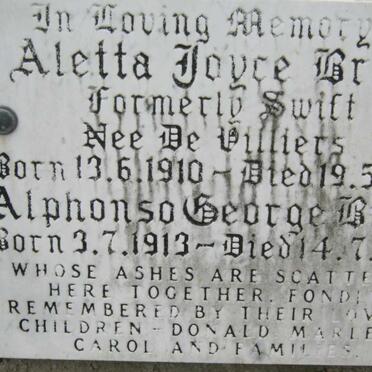 BRAND Alphonso George 1913-1973 &amp; Aletta Joyce, formerly SWIFT nee de VILLIERS 1910-1969