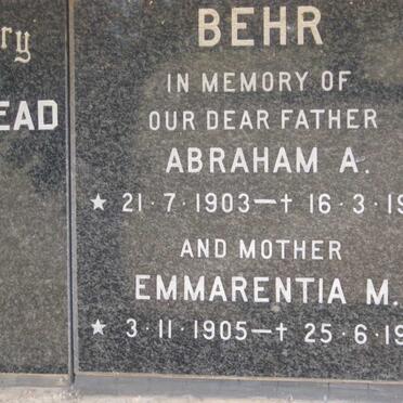 BEHR Abraham A. 1903-1974 &amp; Emmarentia M. 1905-1980