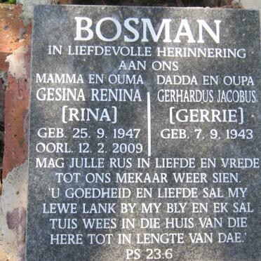 BOSMAN Gerhardus Jacobus 1943- &amp; Gesina Renina 1947-2009