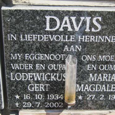 DAVIS Lodewickus Gert 1934-2002 &amp; Maria Magdalena 1935-