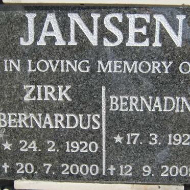 JANSEN Zirk Bernardus 1920-2000 &amp; Bernadine 1921-2005
