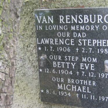 RENSBURG Lawrence Stephen, van 1906-1986 &amp; Betty Eve  1904-1973  :: RENSBURG Michael, van 1954-1972