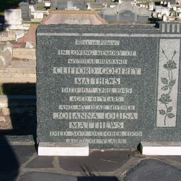 MATTHEW Johanna Louisa -1955  ::  MATTHEWS Clifford Godfrey -1945