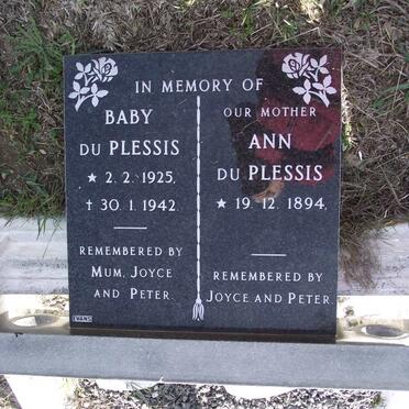 PLESSIS Ann, du 1894 :: DU PLESSIS Baby 1925-1942