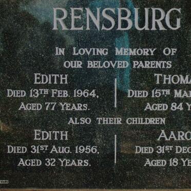 RENSBURG Thomas -1964 &amp;  Edith -1964 :: RENSBURG Edith -1956 :: RENSBURG Aaron -1929