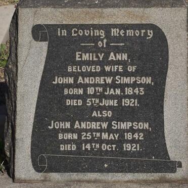 SIMPSON John Andrew 1942-1921 &amp; Emily Ann 1843-1921