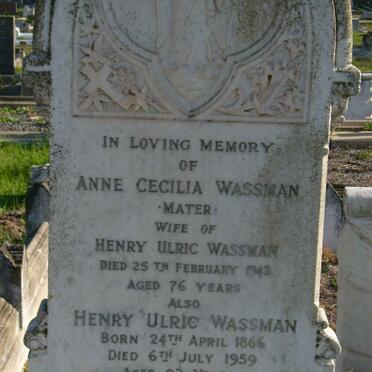 WASSMAN Henry Ulric 1866-1959 &amp; Anne Cecilia (Mater) WASSMAN -1943