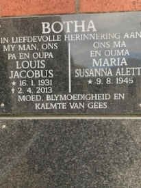 BOTHA Louis Jacobus 1931-2013 &amp; Maria Susanna Aletta 1945-