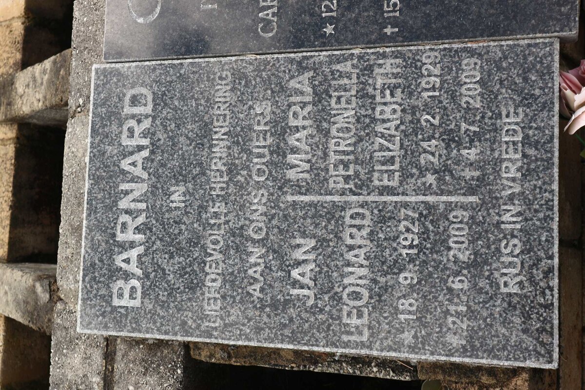 BARNARD Jan Leonard 1927-2009 &amp; Maria Petronella Elizabeth 1929-2009