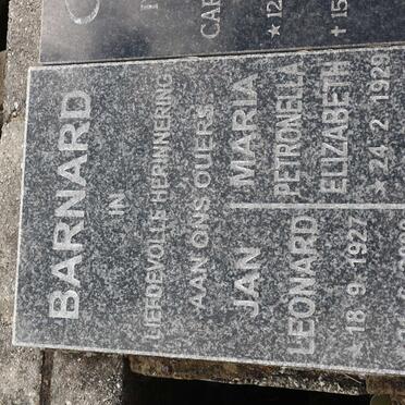 BARNARD Jan Leonard 1927-2009 &amp; Maria Petronella Elizabeth 1929-2009