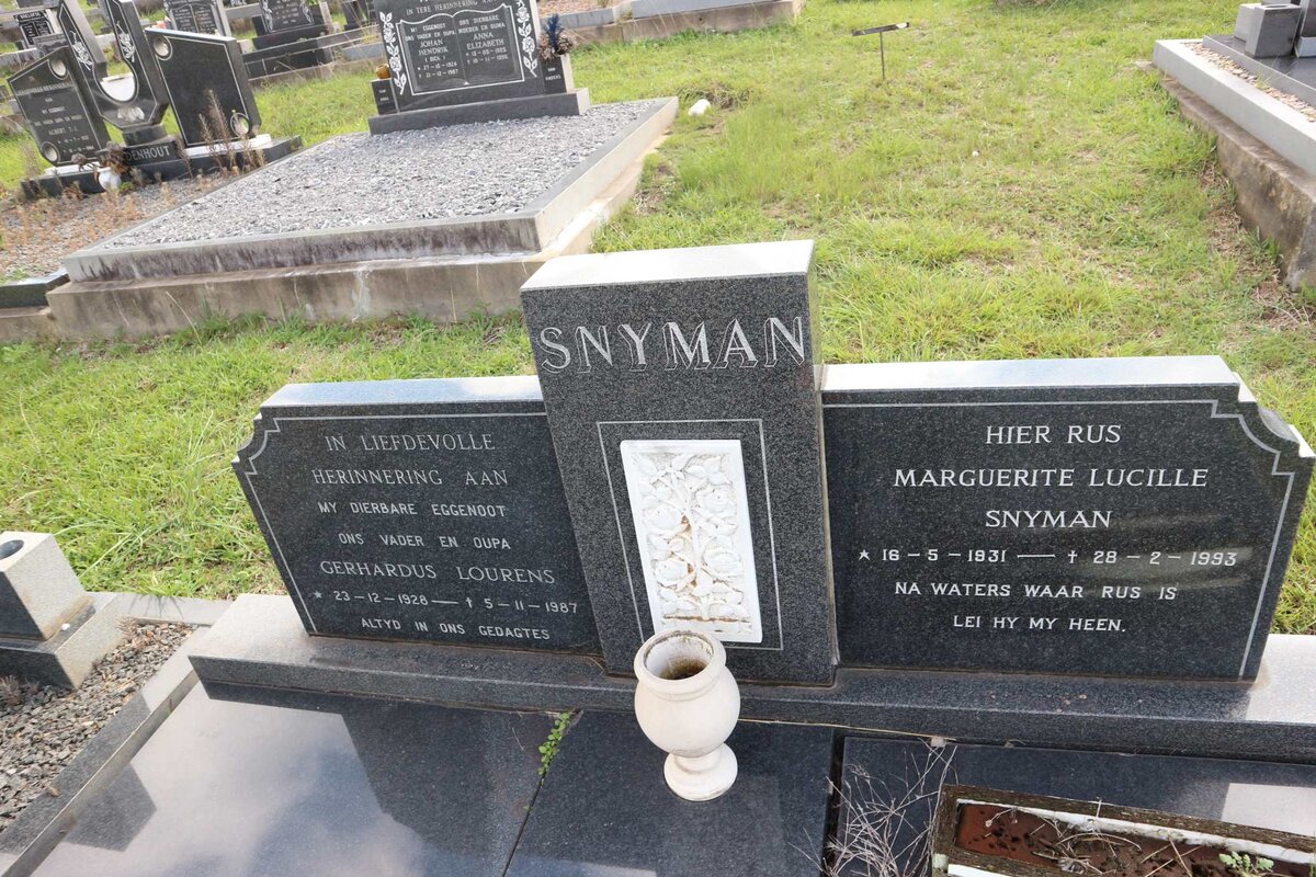 SNYMAN Gerhardus Lourens 1928-1987 &amp; Marguerite Lucille 1931-1993
