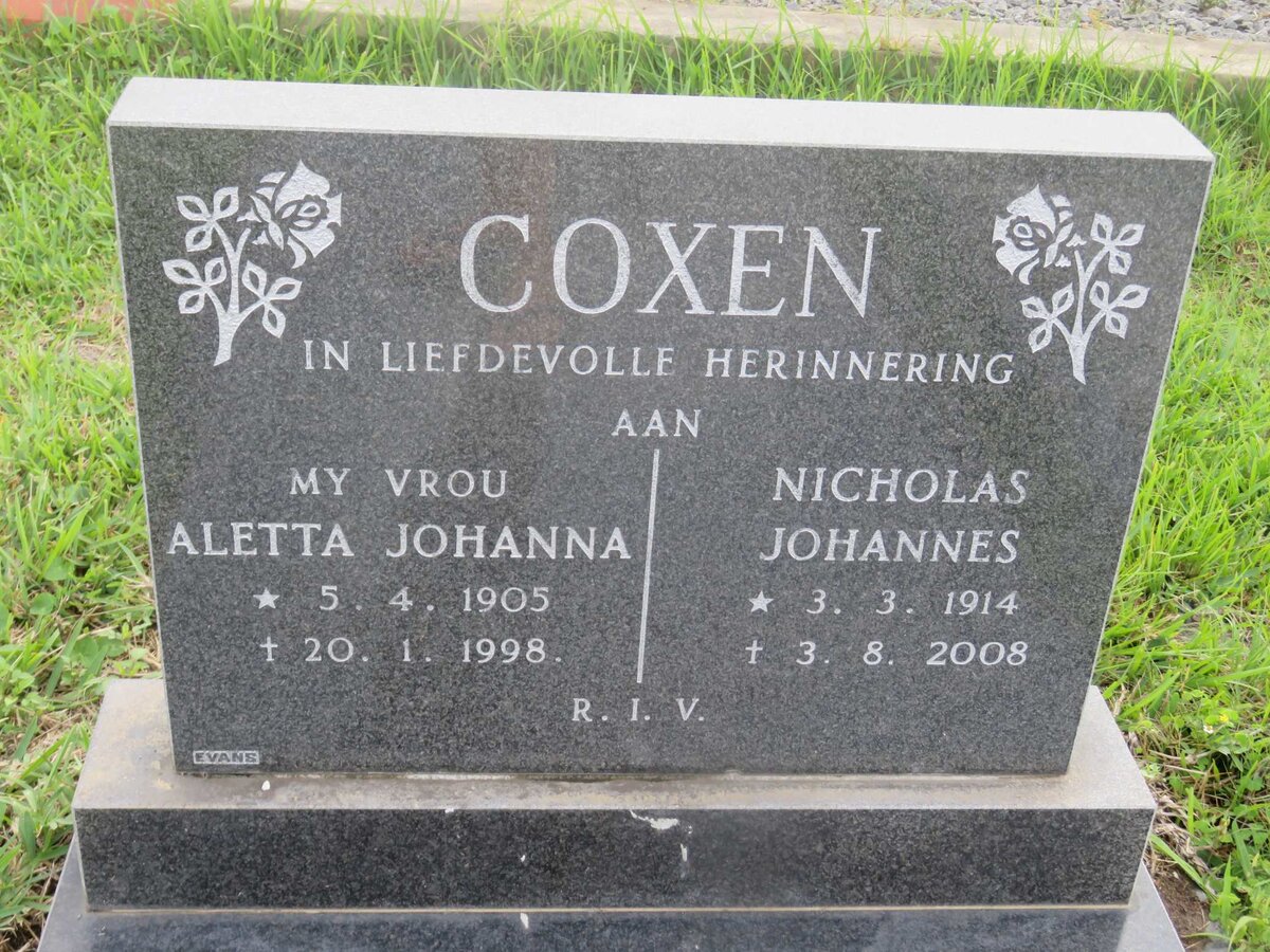 COXON Nicholas Johannes 1914-2008 &amp; Aletta Johanna 1905-1998