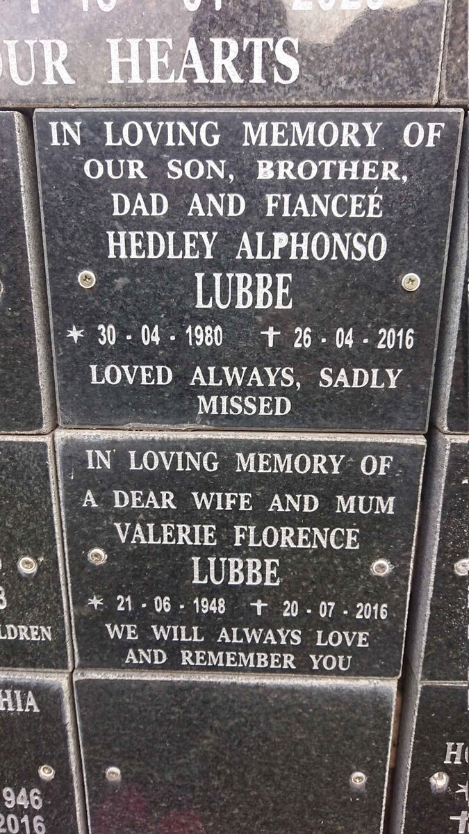 LUBBE Hedley Alphonso 1980-2016 :: LUBBE Valerie Florence 1948-2016