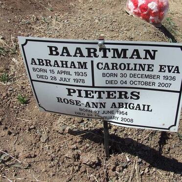 BAARTMAN Abraham 1935-1978 &amp; Caroline Eva 1936-2007 :: PIETERS Rose-Ann Abigail 1964-2008
