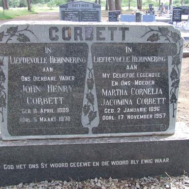 CORBETT John Henry 1889-1970 &amp; Martha Cornelia Jacomina 1896-1957