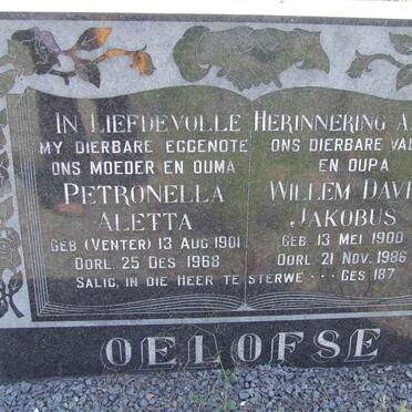 OELOFSE Willem David Jakobus 1900-1986 &amp; Petronella Aletta VENTER 1901-1968