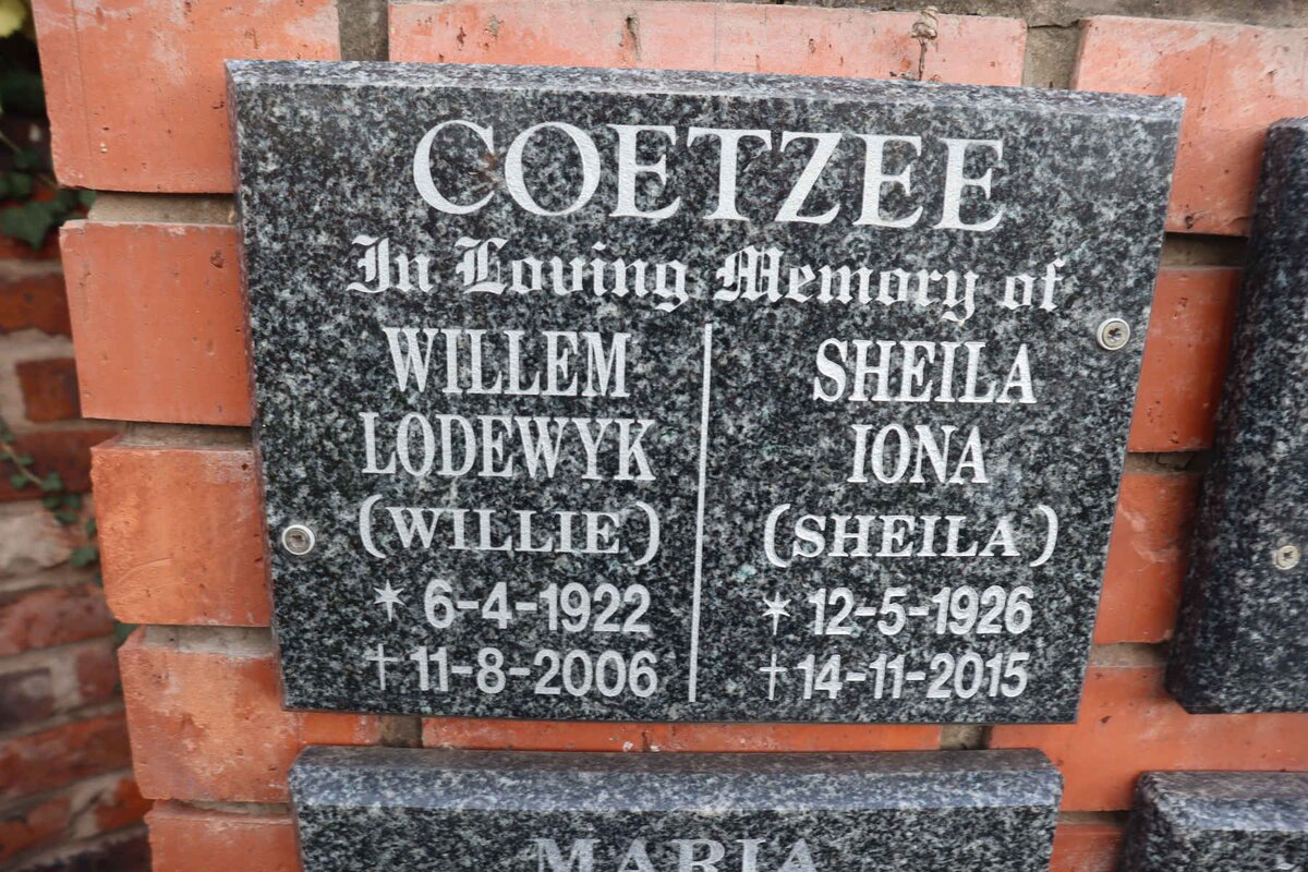 COETZEE Willem Lodewyk 1922-2006 & Sheila Iona 1926-2015