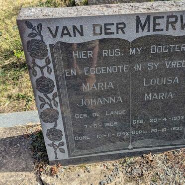 MERWE Maria Johanna, van der nee DE LANGE 1909-1942 :: VAN DER MERWE Louisa Maria 1933-1939
