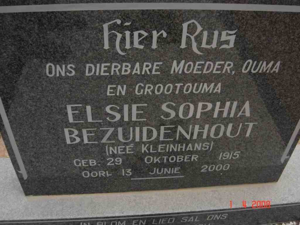 BEZUIDENHOUT Elsie Sophia nee KLEINHANS 1915-2000