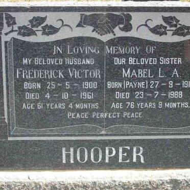 HOOPER Frederick Victor 1900-1961 &amp; Mabel L.A. PAYNE 1911-1988