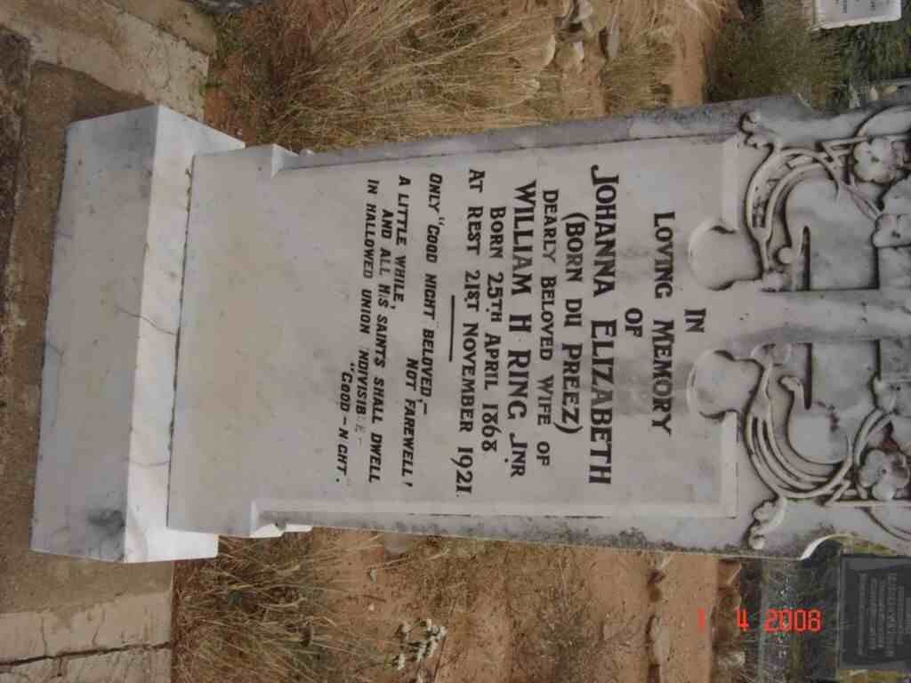 RING Johanna Elizabeth nee DU PREEZ 1868-1921