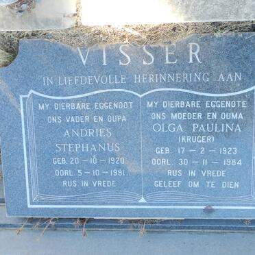 VISSER Andries Stephanus 1920-1991 &amp; Olga Paulina KRUGER 1923-1984