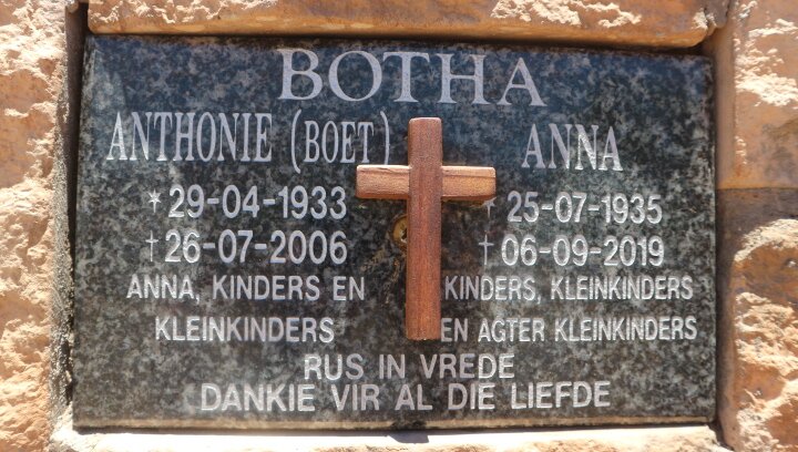 BOTHA  Anthonie 1933-2006 &amp; Anna 1935-2019