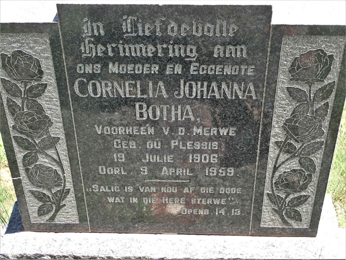 BOTHA Cornelia Johanna voorheen V.D. MERWE nee DU PLESSIS 1906-1959