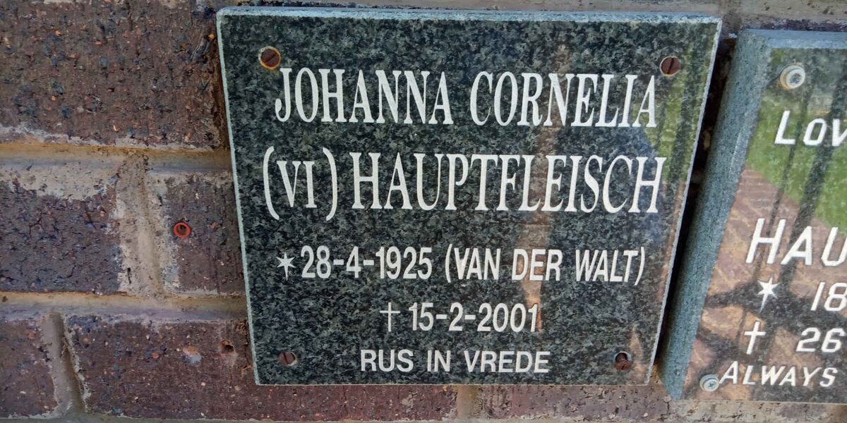 HAUPTFLEISCH Johanna Cornelia nee VAN DER WALT 1925-2001