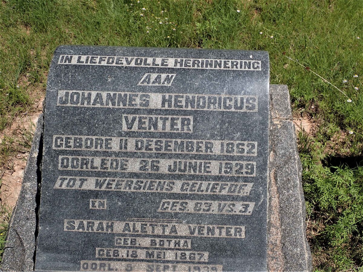 VENTER Johannes Hendricus 1852-1929 &amp; Sarah Aletta BOTHA 1867-193?