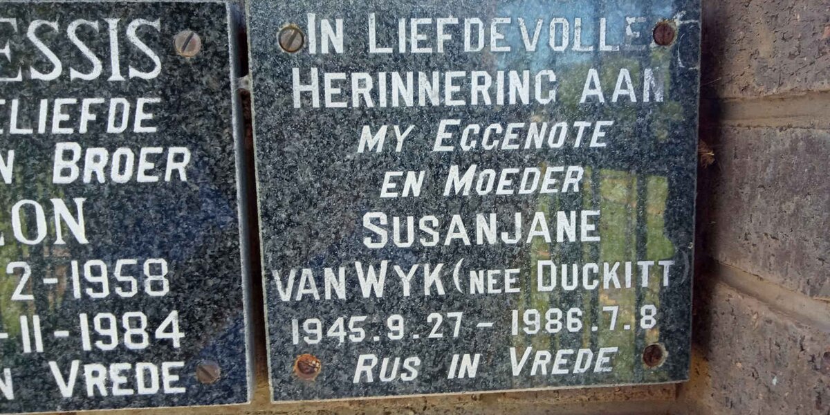 WYK Susan Jane, van nee DUCKITT 1945-1986
